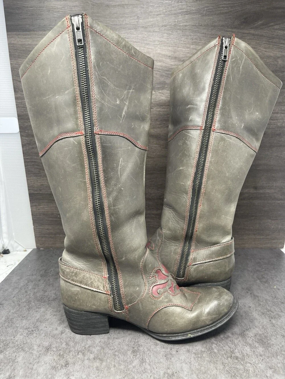BORN Moe Distressed Leather Wide Calf Boots Womens Size 6 Grey Red High Tall